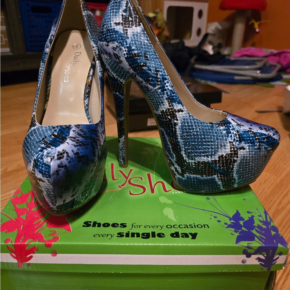 Blue Snakeskin Platform Heels